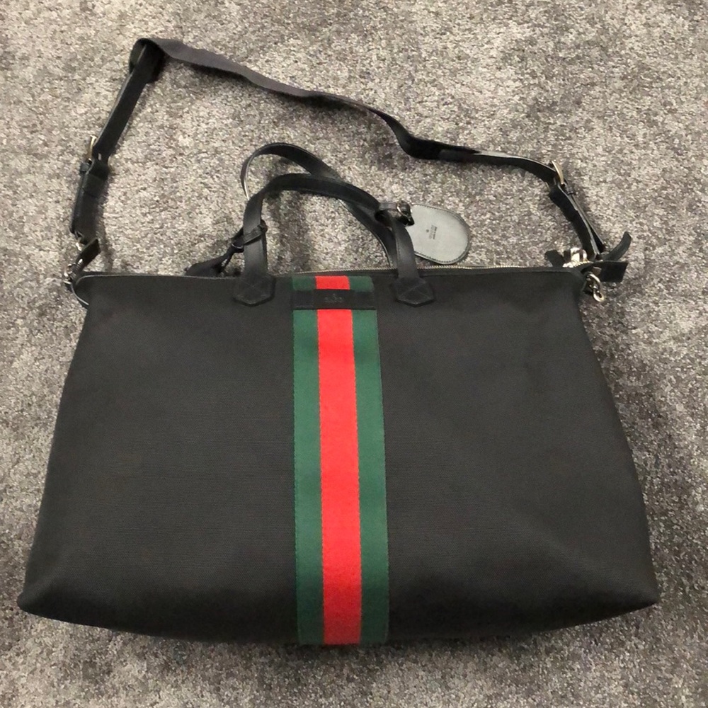 Gucci black canvas duffle bag with leather trim